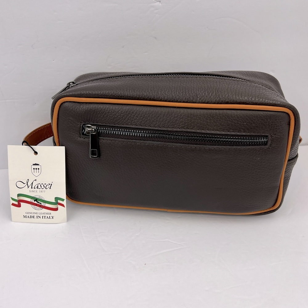 MASSEI, GENUINE LEATHER, MADE IN ITALY, MEN’S TOILETRY BAG,HAND MADE BROWN & TAN